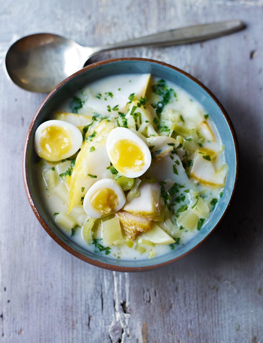Smoked haddock and leek chowder with quail eggs Sainsbury`s Magazine